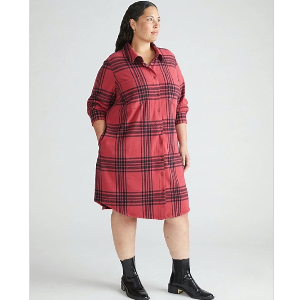 Universal Standard Maine Stretch Cranberry Plaid Flannel Shirtdress